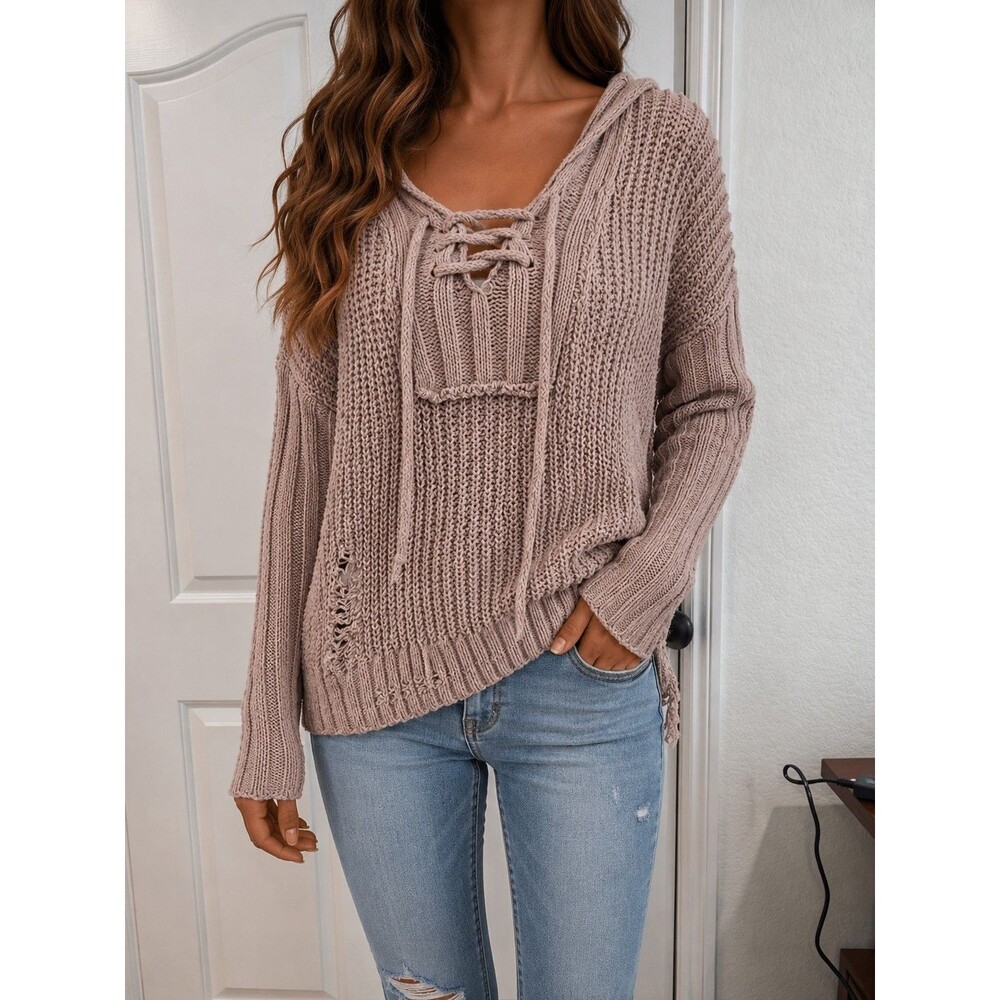 BKE Boutique Distressed Hooded Lace-Up Knit Sweater Women's Boho Beige Size M
